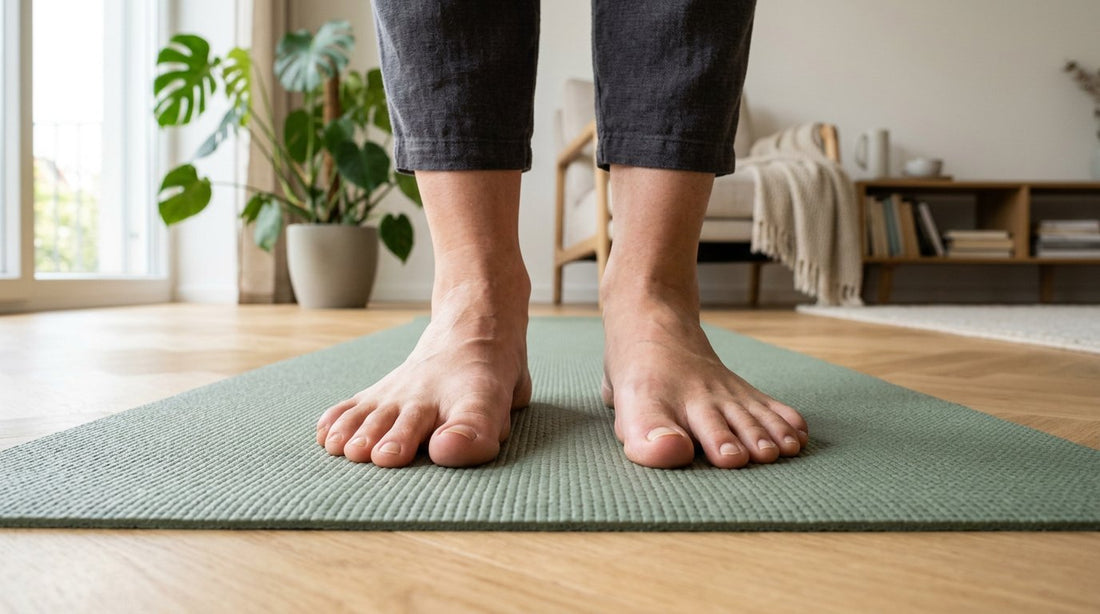 Exercice pour hallux valgus : pieds nus sur un tapis, orteils écartés