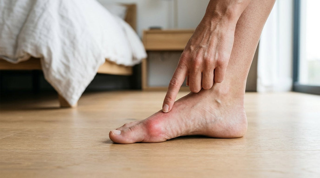 Oignon au pied : bosse visible à la base du gros orteil, le doigt la désigne