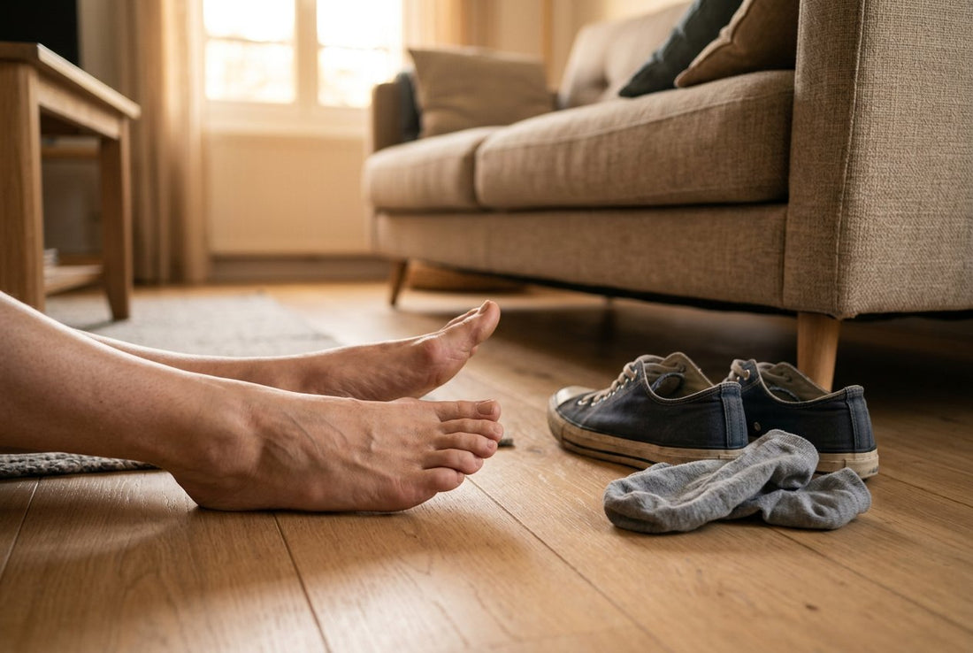 Pieds nus au repos le soir après une journée debout — hallux valgus