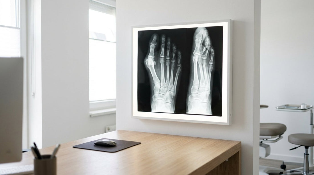 Radiographie d'un pied avec hallux valgus affichée en cabinet