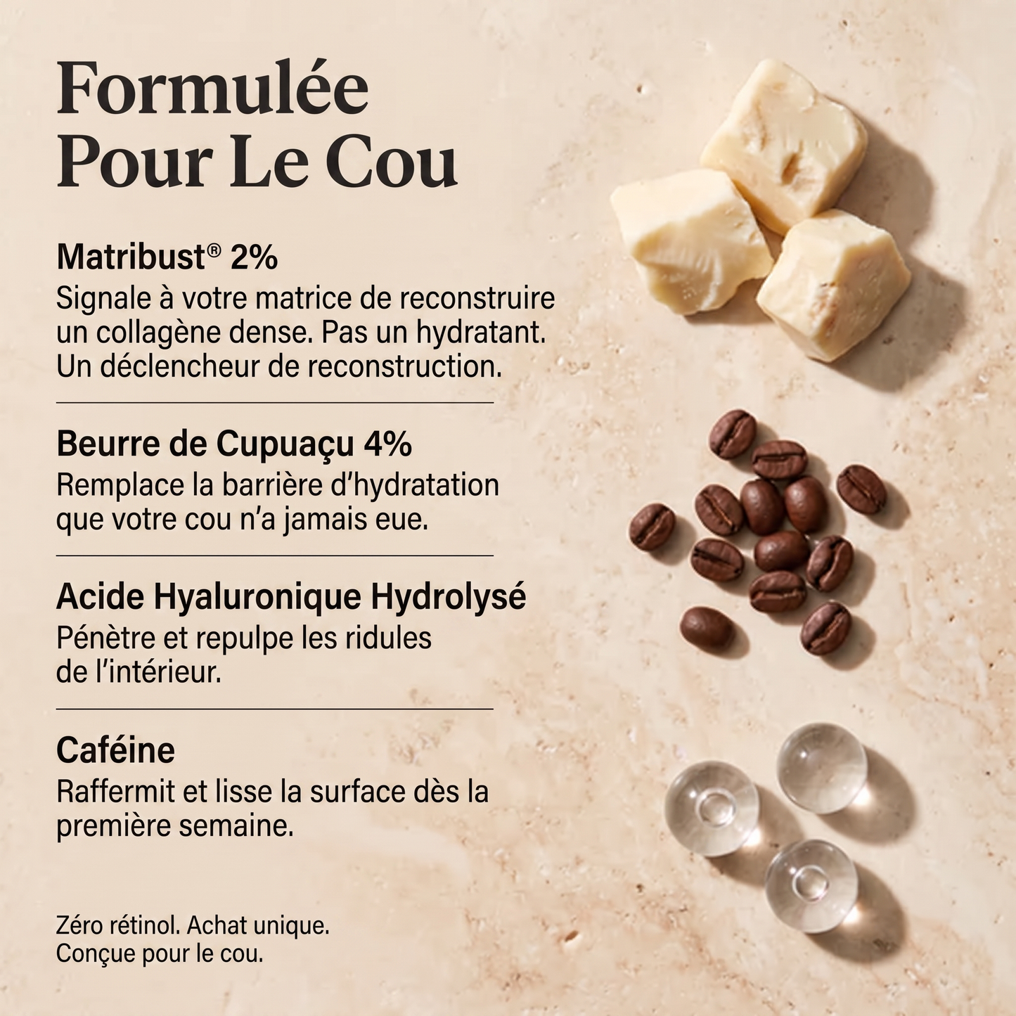 Formulée pour le cou — Matribust®, beurre de cupuaçu, acide hyaluronique, caféine