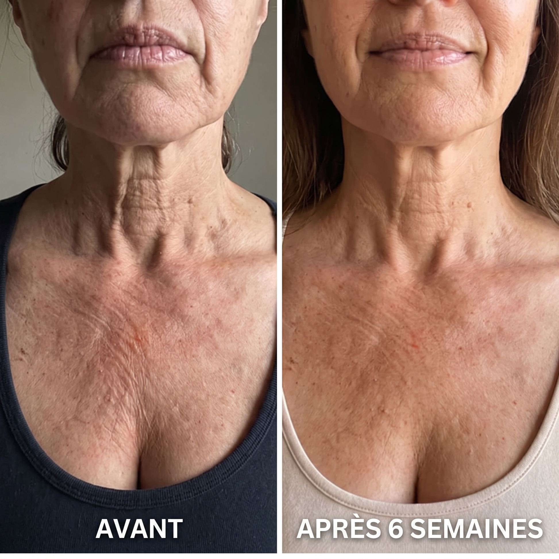 Avant / après 6 semaines — décolleté lissé