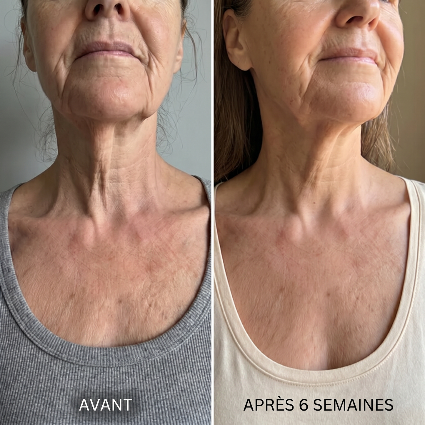 Avant / après 6 semaines — cou et menton raffermis