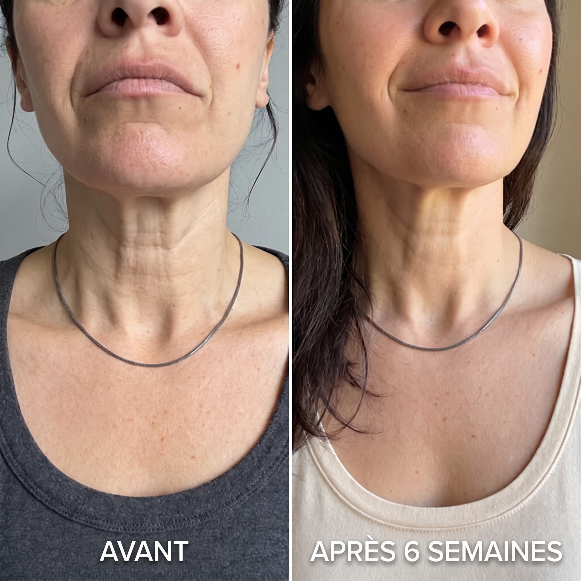 Avant / après 6 semaines — texture du cou lissée