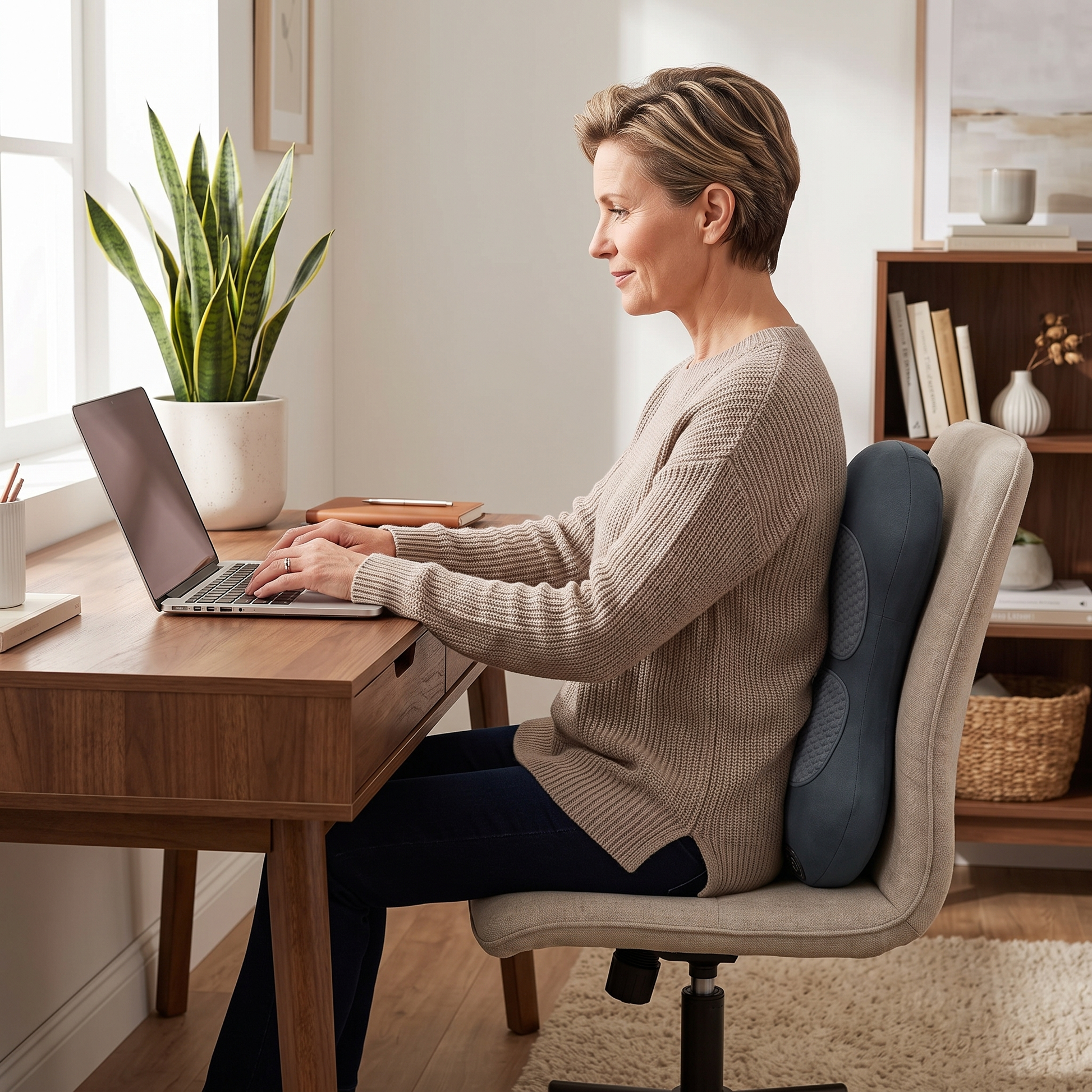 Le masseur cale le bas du dos en position assise au bureau