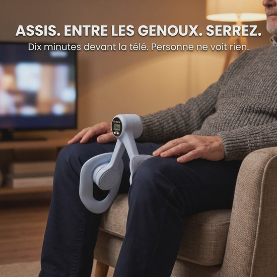 Animation : assis, l'appareil entre les genoux, on serre, on relâche
